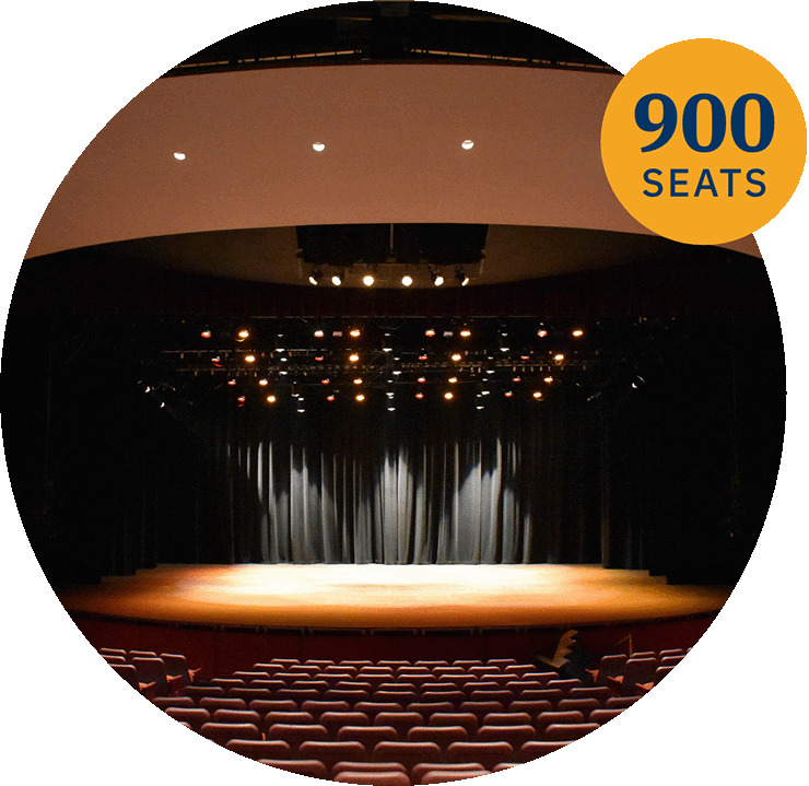 Inside of Wilkins Theatre with the stage lit up. An orange circle with the words 900 seats appears on the top right