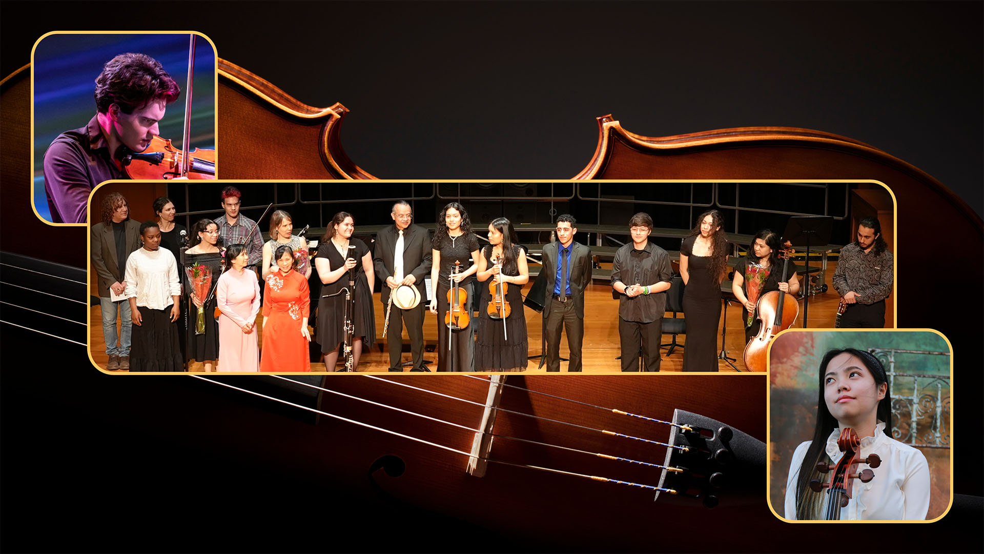 A group of musicians, dressed in formal attire, stand in a line on a concert hall stage, some holding musical instruments like a cello, violin, and flute. The diverse ensemble appears to be acknowledging an audience, set against a backdrop of choir risers and a polished wooden floor