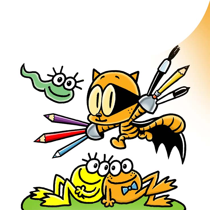 The cover illustration for the Cat Kid Comic Club: The Musical, with a black cat dressed as a dinosaur that holds drawing pens and pencils. Two frogs, yellow and orange, lay at the bottom.