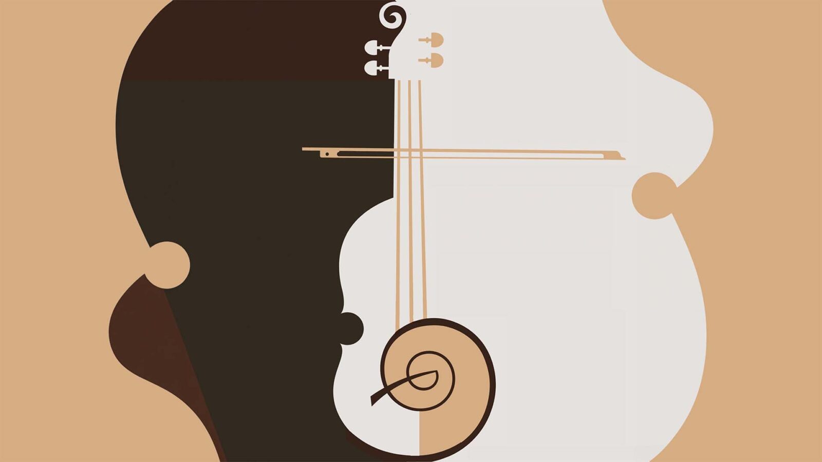 A violin silhouette, in brown and cream colors as well as white. This is an illustration