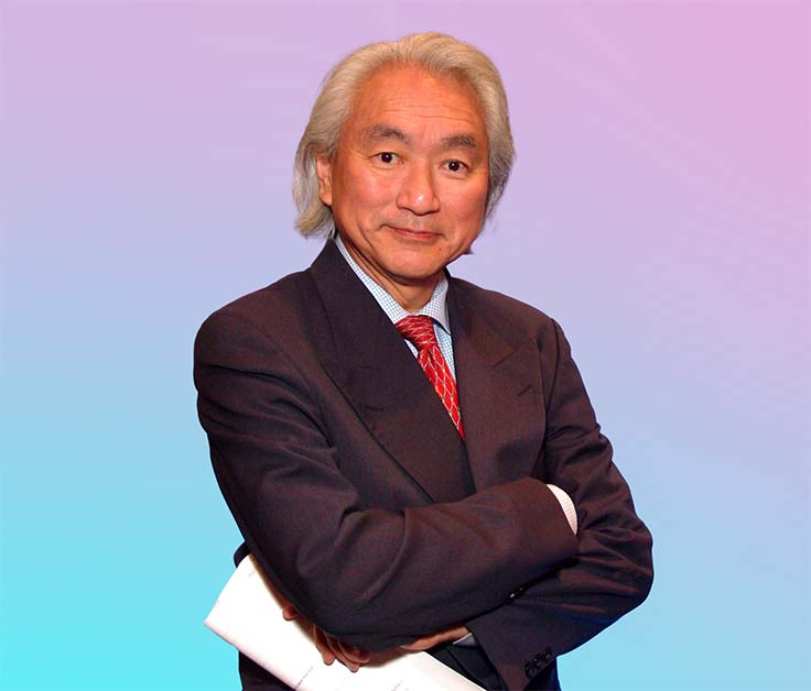 Michio Kaku, Asian white male with white hair, standing with his arms crossed holding what appears to be a bunch of papers