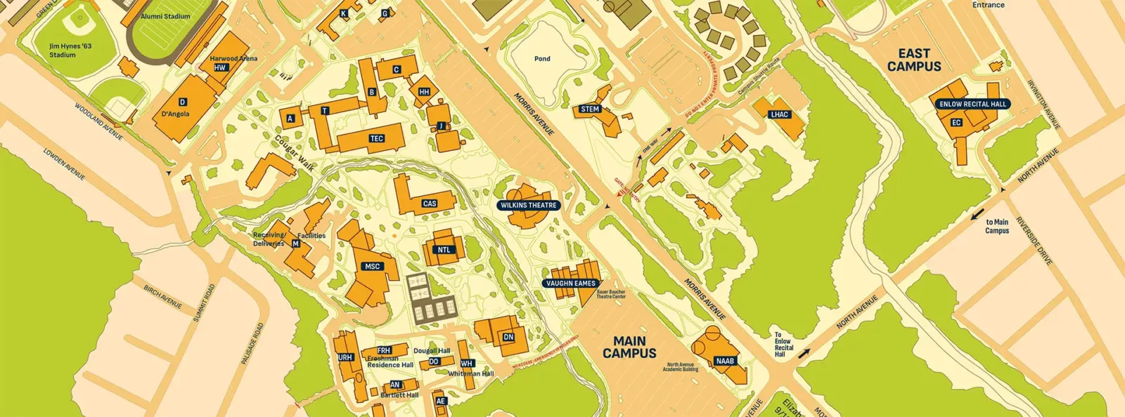a tri-color map of Kean University campus showcasing Wilkins Theatre, Enlow Recital Hall and Bauer Boucher Theatre Center