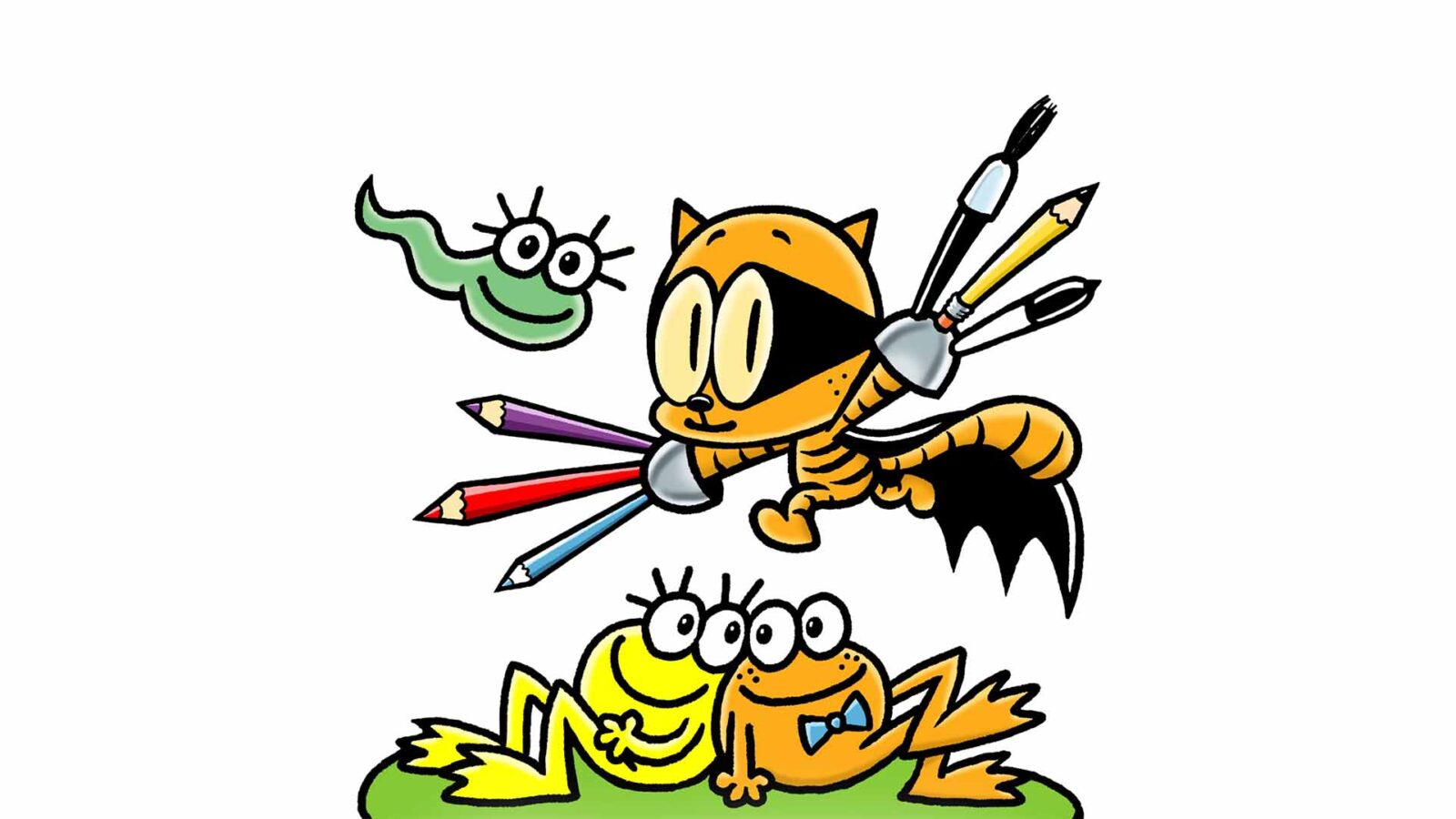 The cover illustration for the Cat Kid Comic Club: The Musical, with a black cat dressed as a dinosaur that holds drawing pens and pencils. Two frogs, yellow and orange lay at the bottom.