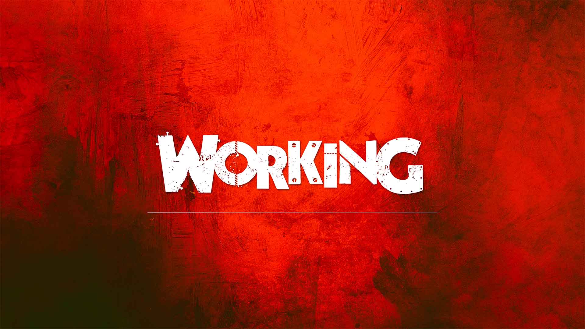 The words "working" are engraved as rusted, working tools on top of a red background with scratches all over.