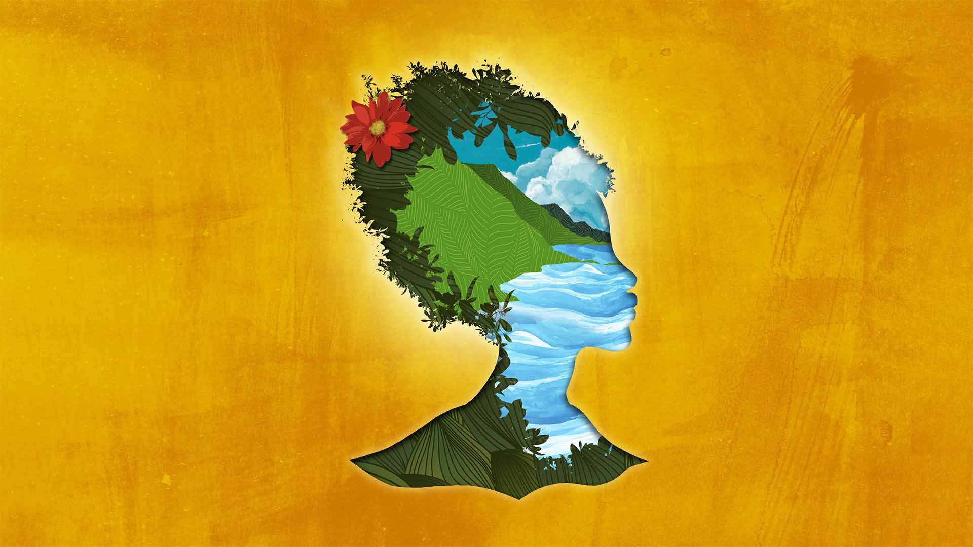 An orange, brushed background with a silhouette of a woman with a red flower on her hair. Views the sea, mountains and plants fill her face.
