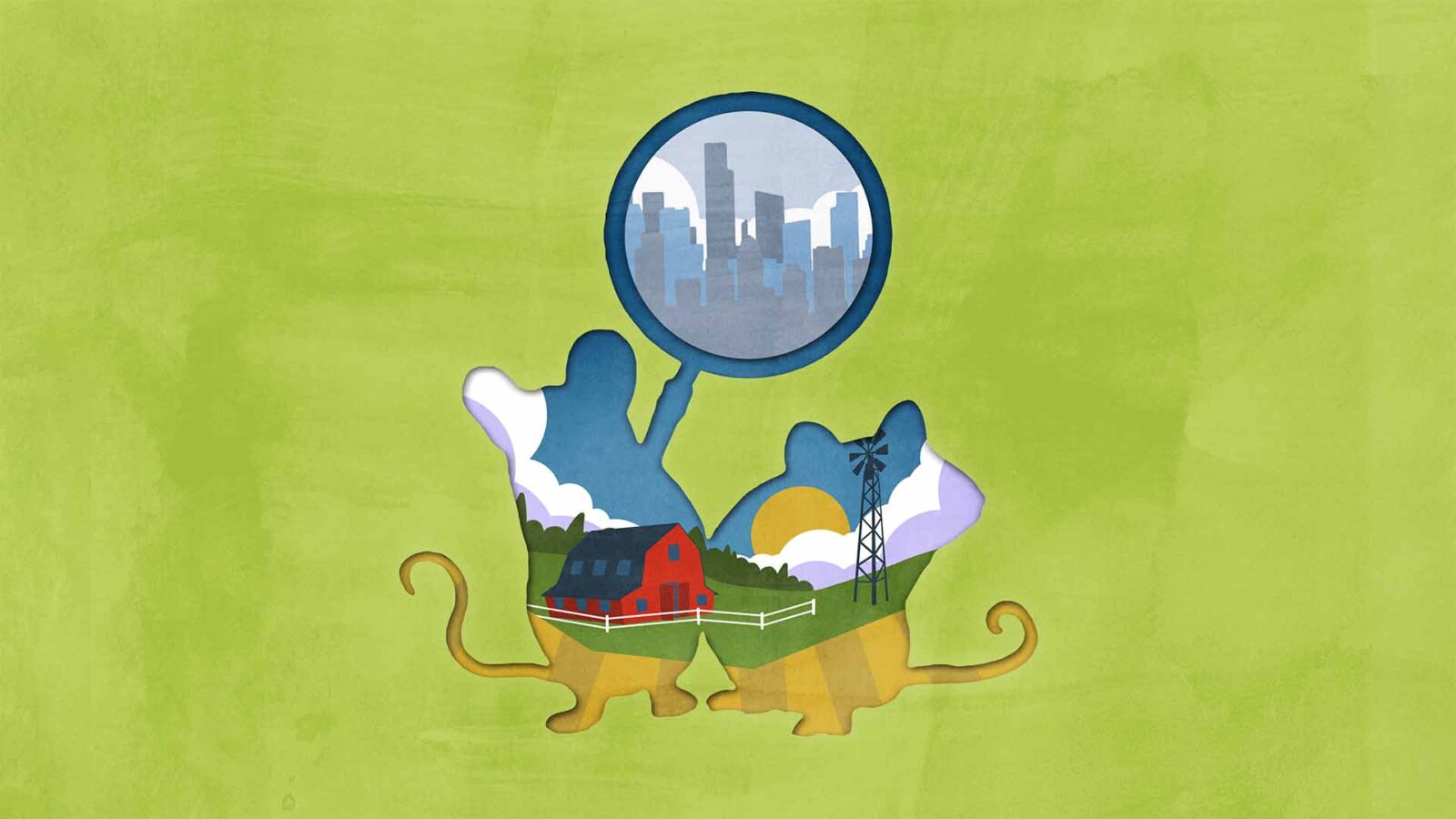 A green, watercolored background, with an illustration of two mice silhouetted with a view of a red farm. One of them is holding a magnifying glass whose inside portrays a cityscape.