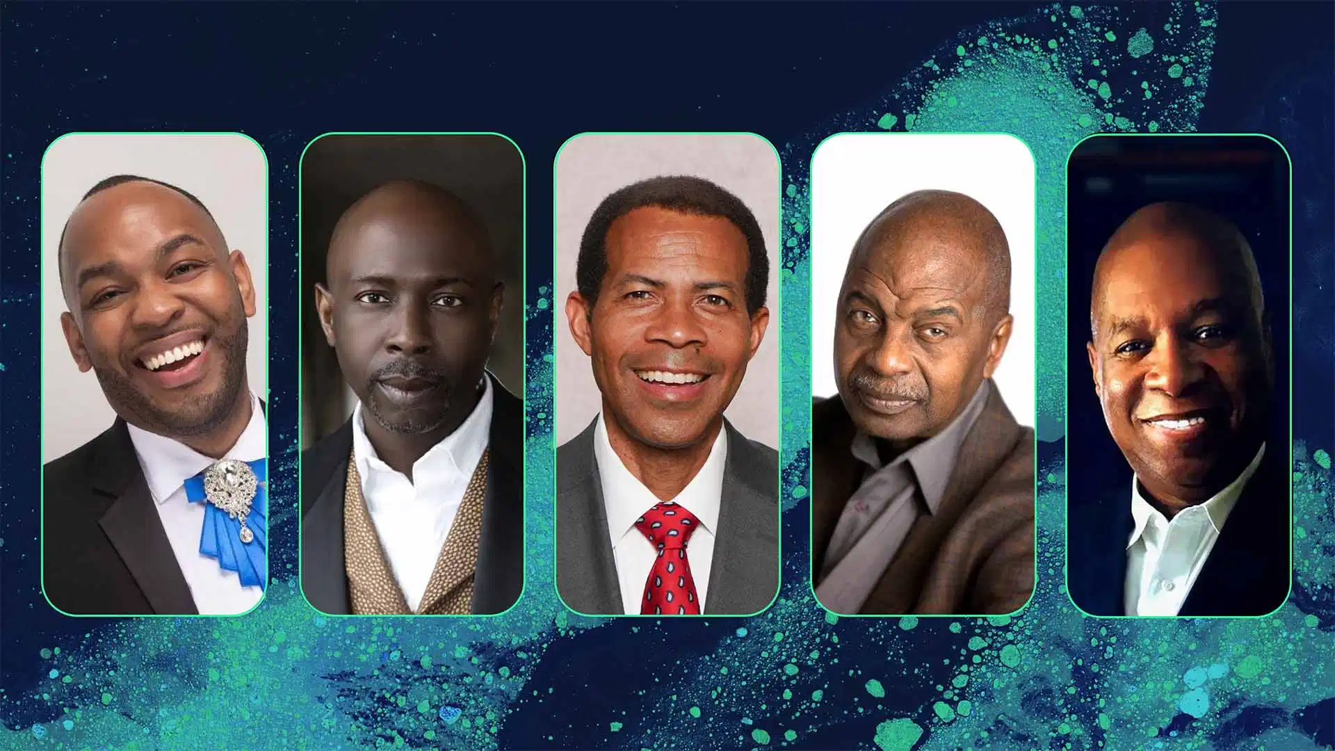 five musicians headshots with a textured background. Trent Johnson wrote the opera Kenyatta