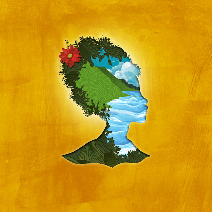 An orange, brushed background with a silhouette of a woman with a red flower on her hair. Views the sea, mountains and plants fill her face.