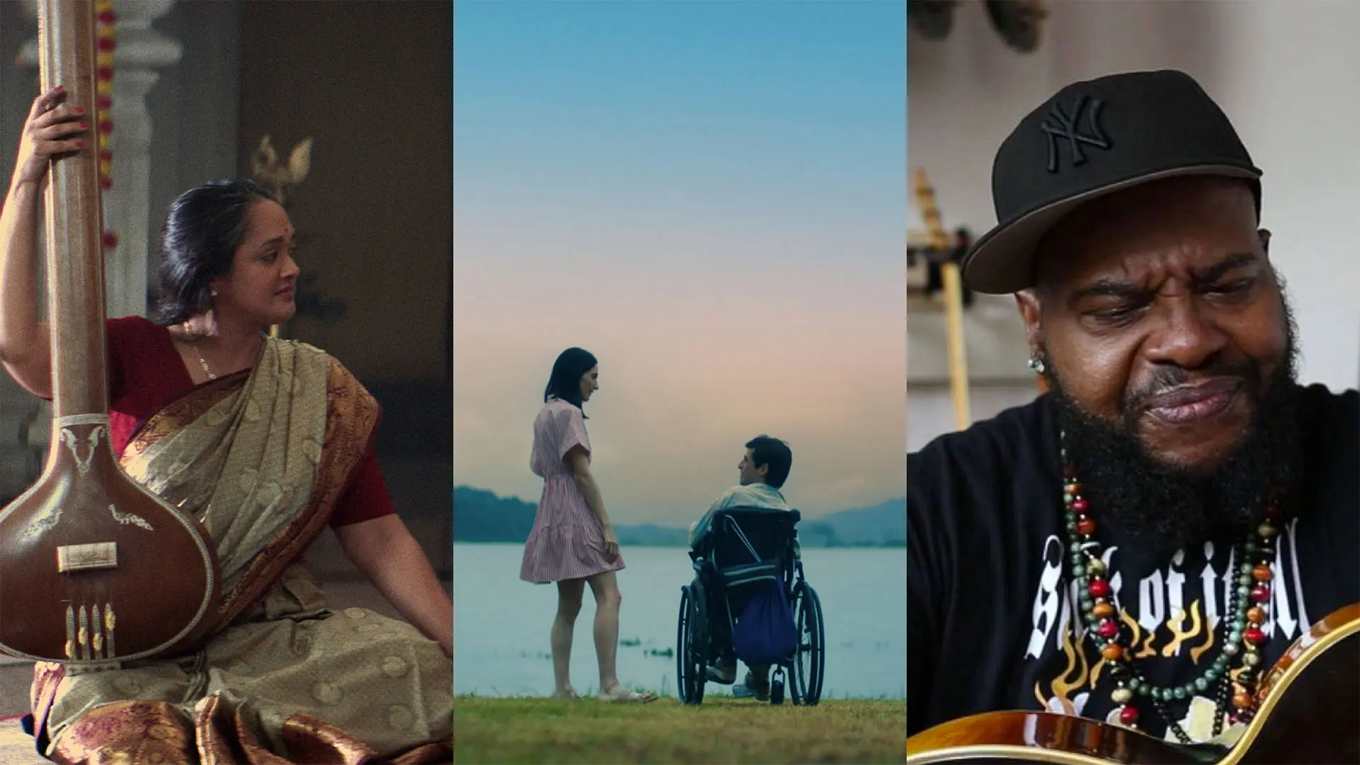 Three-panel collage featuring a musician seated beside a large stringed instrument, two people by a lakeside with one seated in a wheelchair, and a guitarist holding an acoustic guitar.