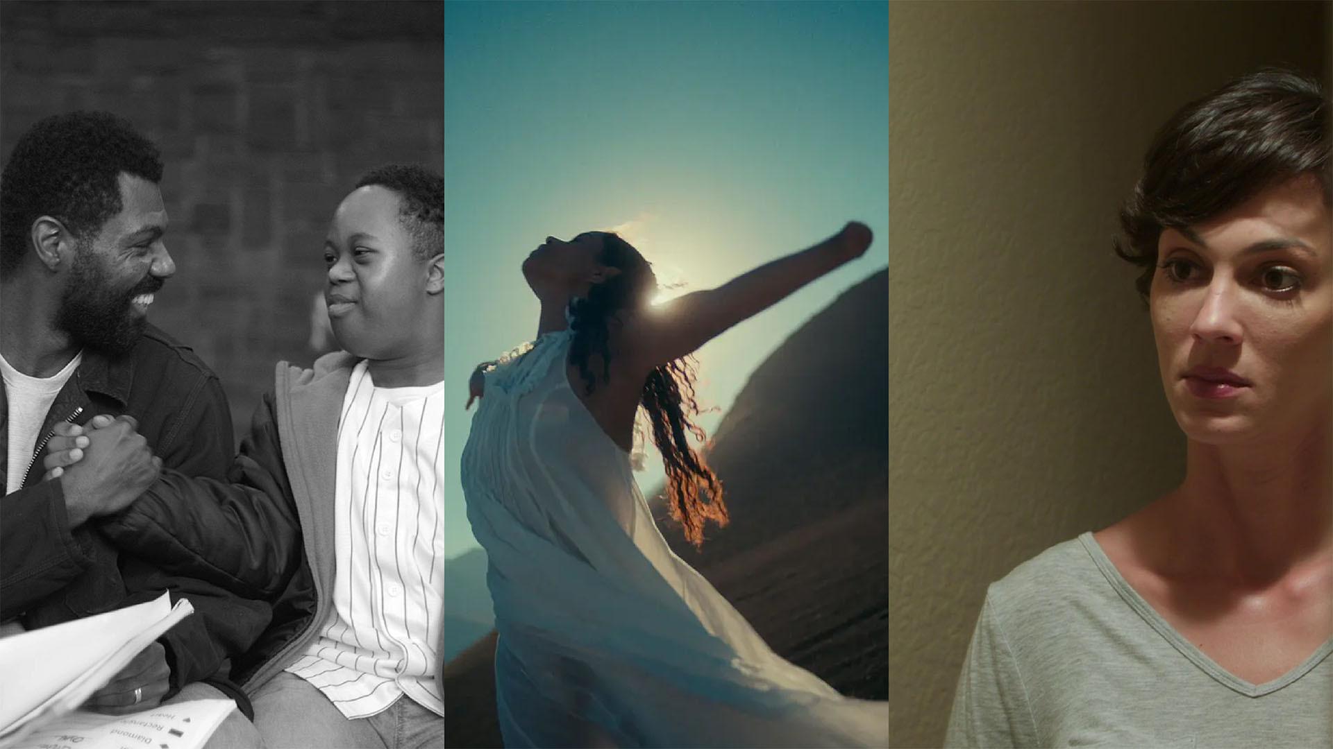 A triptych captures diverse human emotions and experiences: on the left, a joyful interaction between two people is portrayed in black and white, emphasizing connection and understanding; the center shows a woman in a flowing dress reaching towards the sun, embodying freedom and transcendence; on the right, a solitary figure reflects in a quieter, perhaps contemplative moment, highlighting introspection.