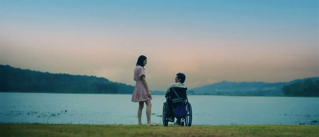 Two people by a lakeside at dusk, with one standing on the shore and the other seated in a wheelchair facing the water and distant hills.