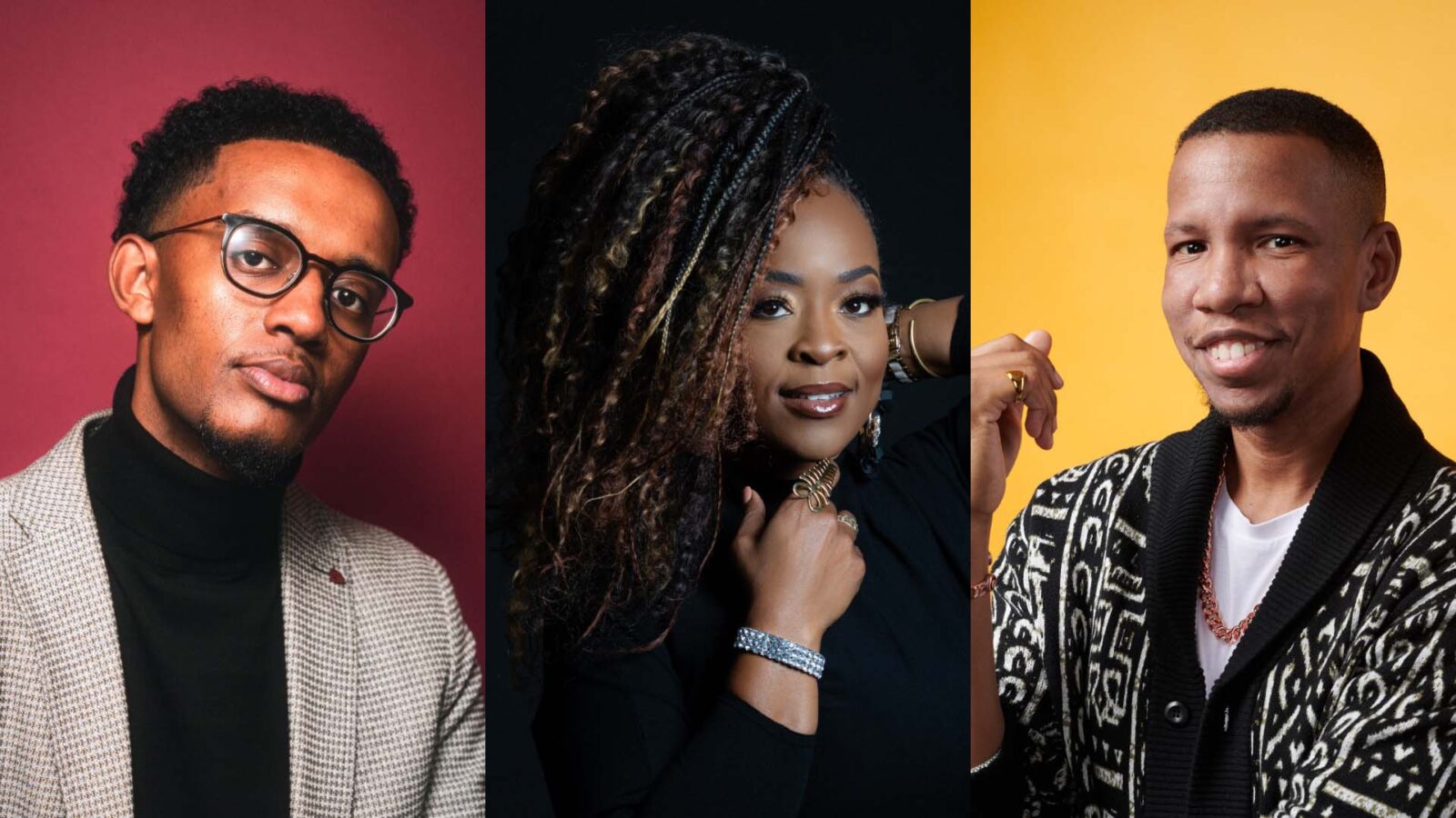 A triptych portrait features three individuals, each against a different colored background. On the left, a man with short curly hair and glasses is wearing a light brown checkered blazer over a black turtleneck, posed against a deep red background. In the center, a woman with long, textured braids and a confident expression is dressed in a black top and adorned with jewelry, posed against a black background. On the right, a man with short hair and a slight smile is wearing a patterned black and white cardigan over a white shirt, posed against a bright yellow background.