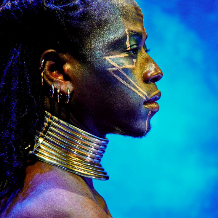 A man is shown in profile against a vibrant blue background. He has dark skin and wears multiple silver hoop earrings in his left ear. His face is adorned with intricate white face paint that forms geometric patterns, including a prominent zigzag design. He has long, braided hair. Around his neck, he wears a large, coiled metal neck ring, reminiscent of traditional African adornments. His expression is calm and focused, highlighting the artistic and cultural elements of his appearance.