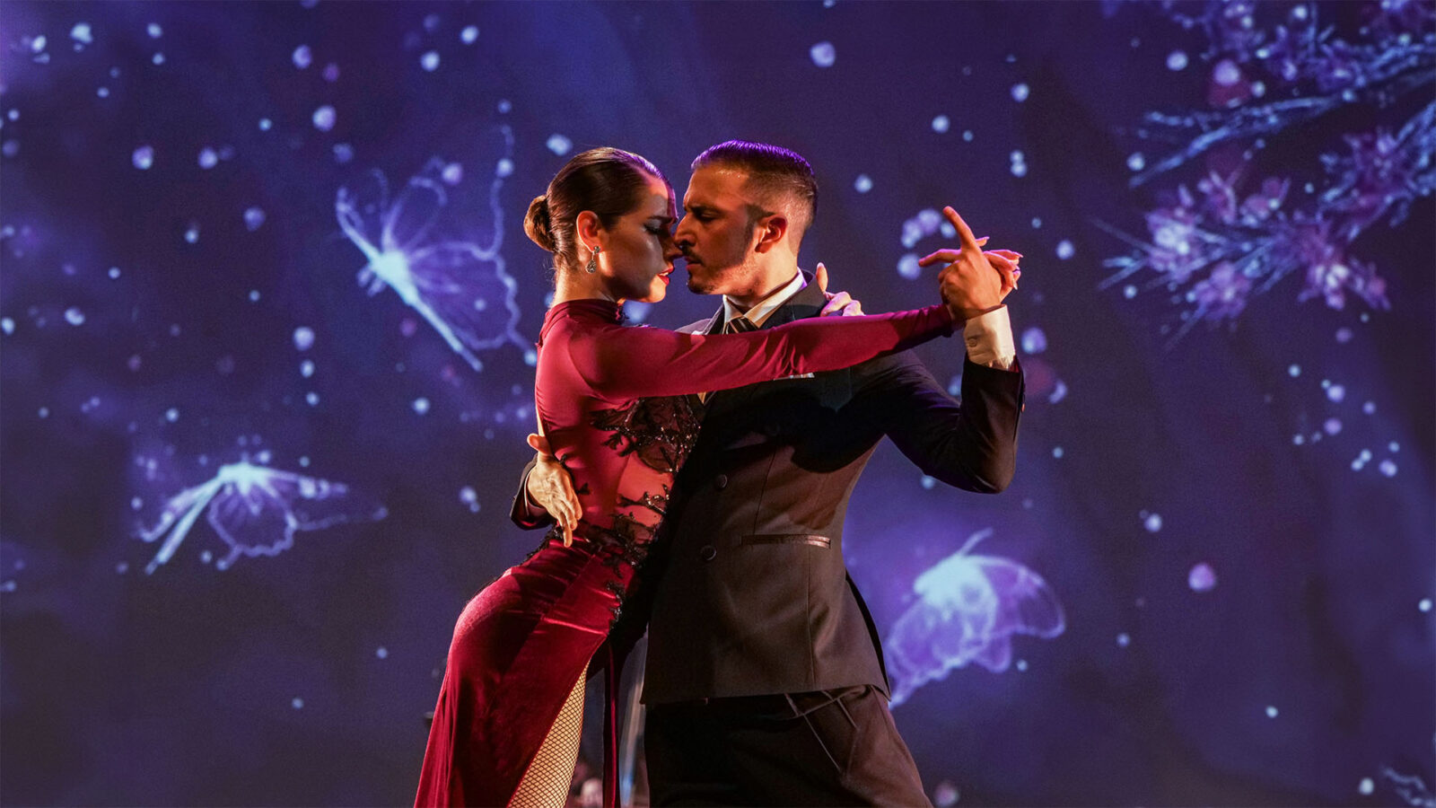 A pair of dancers, a man and a woman, are performing a passionate tango on stage. The woman is wearing a deep red, long-sleeved dress with black lace details, and her hair is styled in a sleek bun. The man is dressed in a formal black suit with a white shirt. They are dancing closely, with intense expressions and the man's arm wrapped around the woman's back. The background is dark with a digital projection of ethereal, glowing butterflies and sparkling particles, creating a dreamy atmosphere.