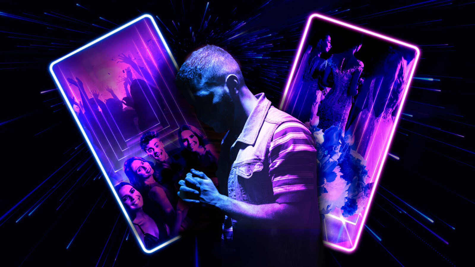 A person holding his hands and neon light reflected on the body, obscured facial features. Neon cards are beside him. On the left 4 friends at a party, on the right, a bouquet and 3 friends in wedding dresses.