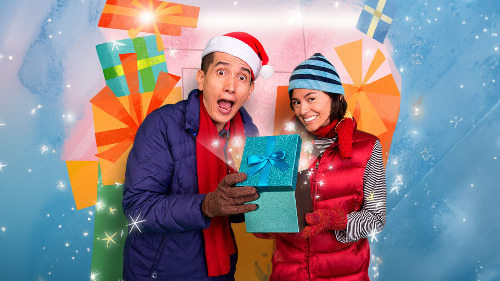 A man and a woman, both dressed in winter clothing, are joyfully holding a wrapped gift. The man, wearing a Santa hat, a blue jacket, and a red scarf, has an excited expression with his mouth open in surprise. The woman, wearing a blue and black striped beanie, a red vest, and a red scarf, is smiling warmly. They are surrounded by a festive background featuring colorful, large gift boxes and sparkling snowflakes, creating a cheerful holiday atmosphere.