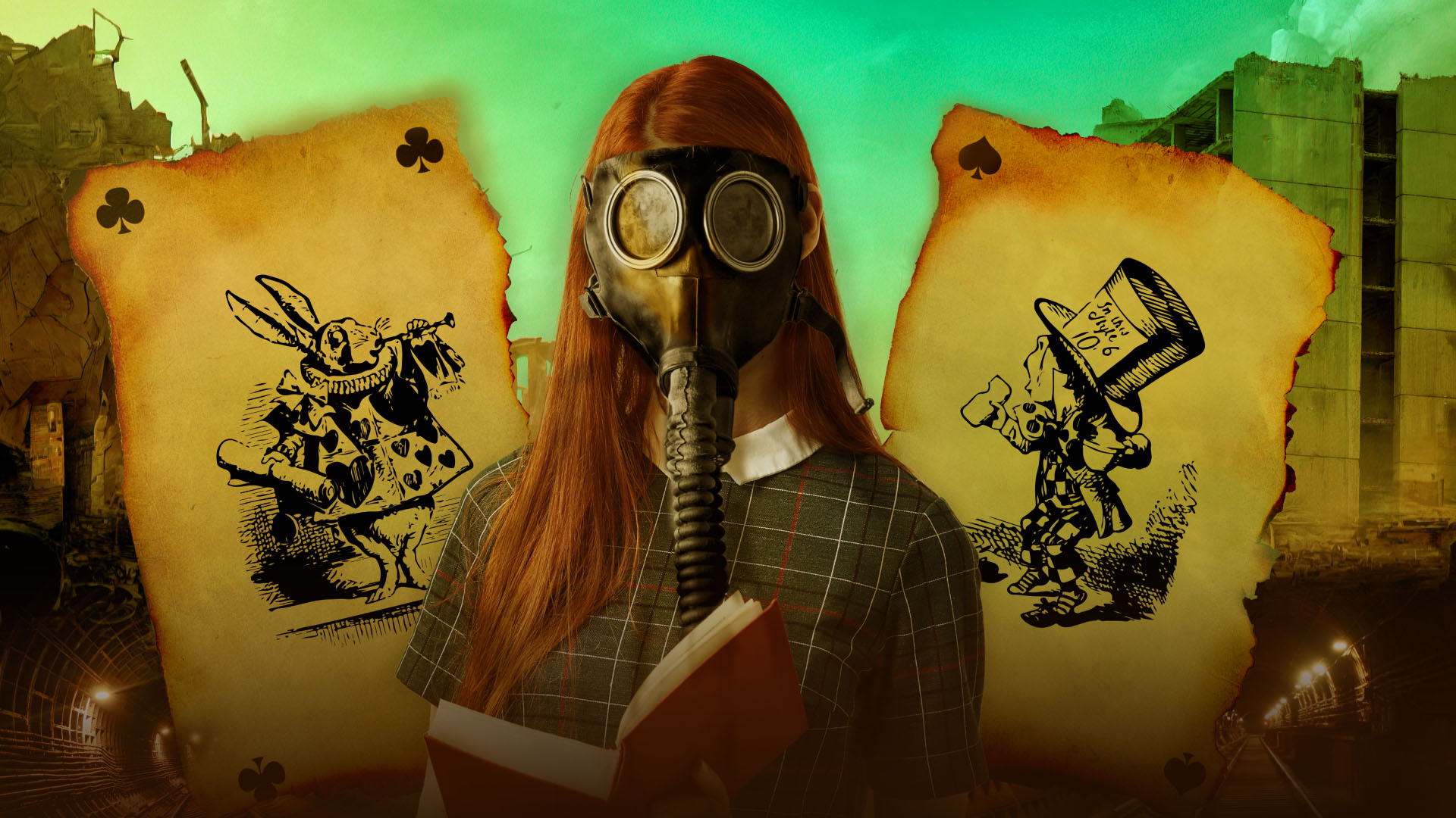 A girl wearing a gas mask and a holding an open book. Two old pages with an Alice in Wonderland illustration hover behind her and destroyed buildings and a subway lights complete the background