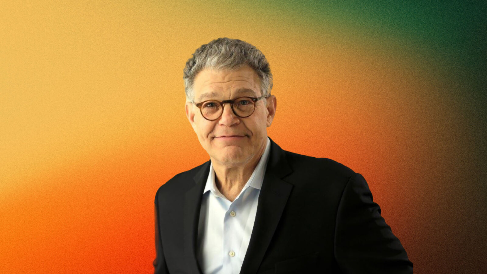 Portrait of Al Franken, former U.S. Senator and comedian, wearing glasses, a light blue collared shirt, and a black blazer. He is smiling softly, standing against a gradient background transitioning from orange to green.