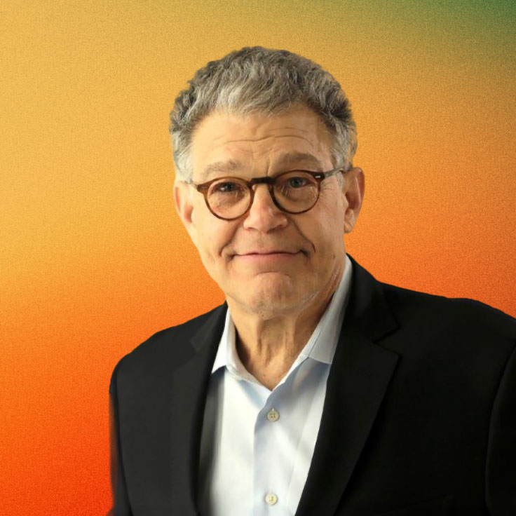 Portrait of Al Franken, former U.S. Senator and comedian, wearing glasses, a light blue collared shirt, and a black blazer. He is smiling softly, standing against a gradient background transitioning from orange to green.