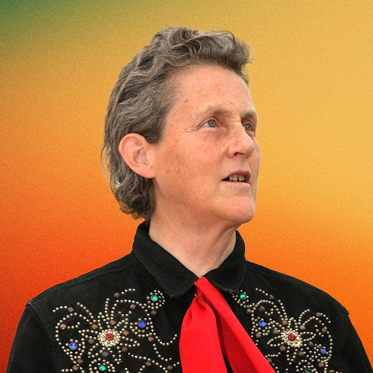 Portrait of Temple Grandin, renowned scientist and autism advocate, wearing a black Western-style shirt with intricate beaded designs and a red necktie. She has short, wavy grey hair and is looking off to the side, standing against a gradient background transitioning from green to orange.