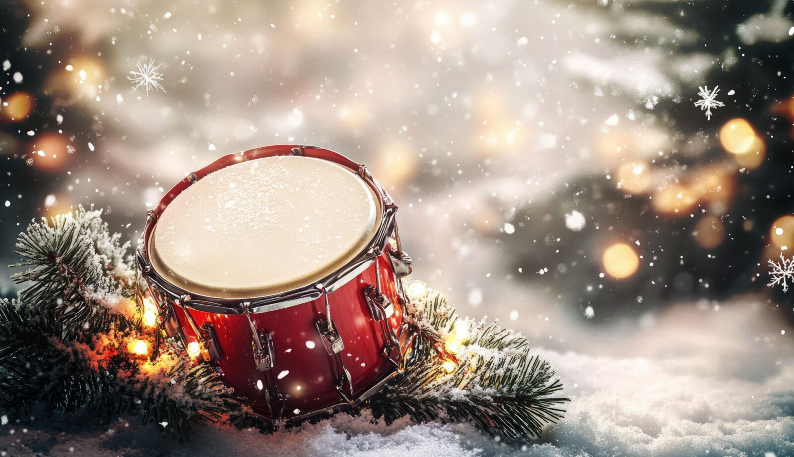 A red drum in the snow surrounded by holiday lights and pine trees