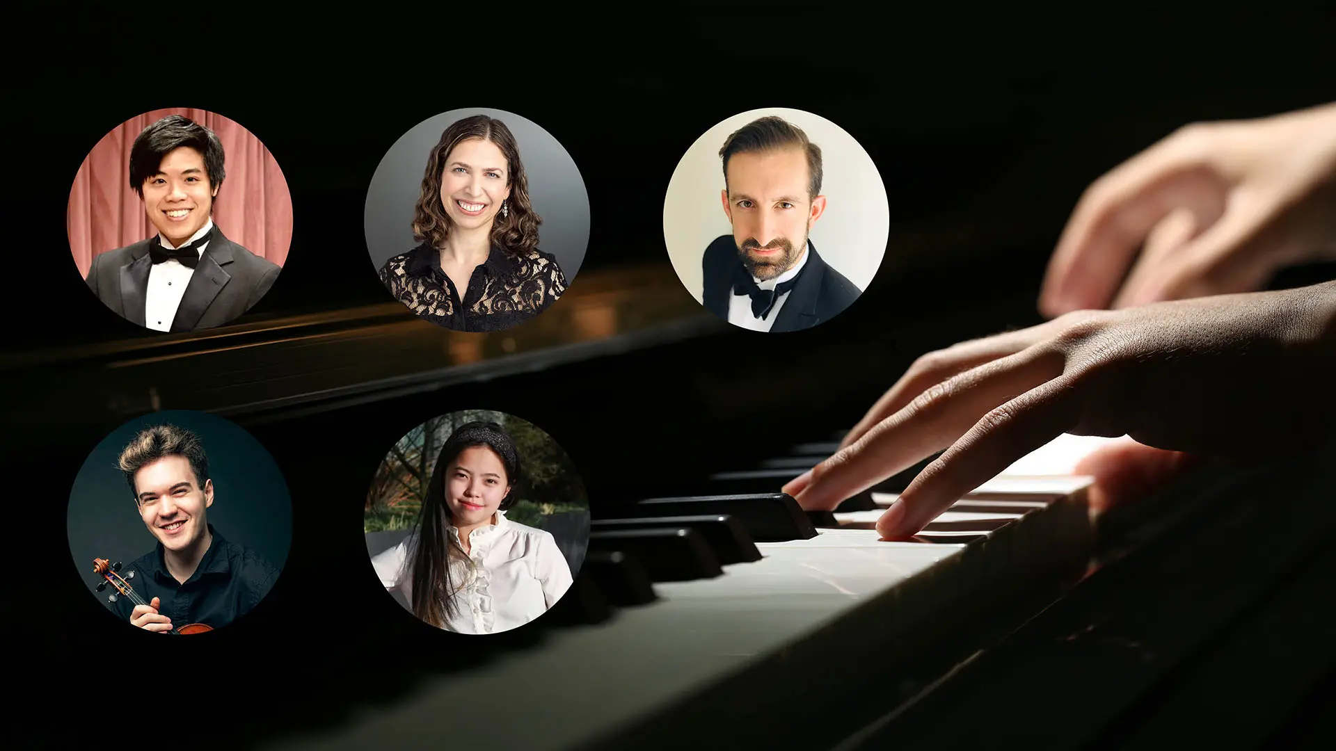 Promotional image featuring five classical musicians shown in circular portraits surrounding a close-up of hands playing a piano keyboard against a dark background.