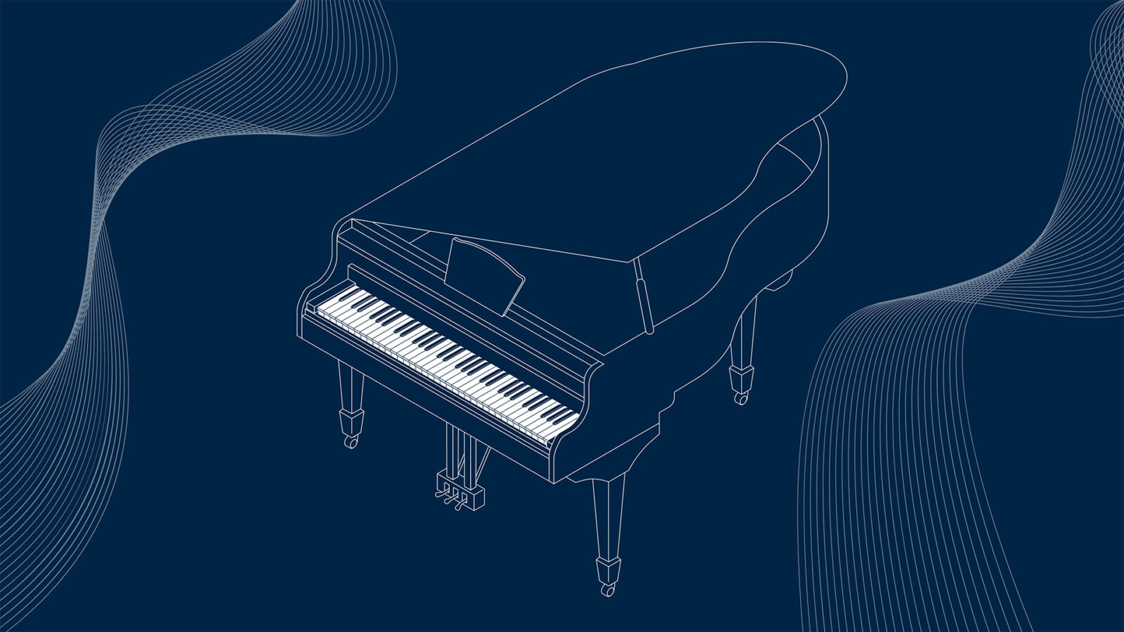 A minimalist line drawing of a grand piano set against a dark blue background, featuring flowing white abstract waves. The lines of the piano are white, giving it a sleek and elegant visual appeal. The abstract waves add a sense of motion and rhythm, enhancing the musical theme and suggesting harmony and creativity.