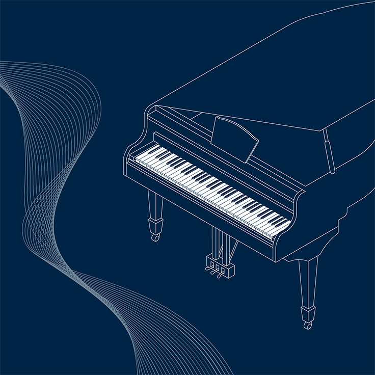 A minimalist line drawing of a grand piano set against a dark blue background, featuring flowing white abstract waves. The lines of the piano are white, giving it a sleek and elegant visual appeal. The abstract waves add a sense of motion and rhythm, enhancing the musical theme and suggesting harmony and creativity.