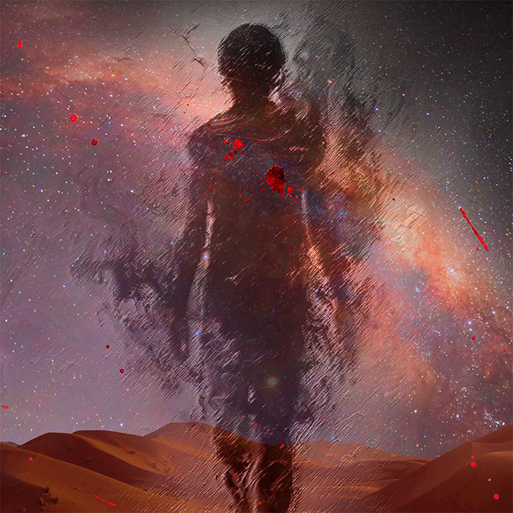 A lone silhouette stands amidst an expansive desert landscape, framed by the ethereal glow of the Milky Way galaxy. The backdrop of stars and swirling colors creates a sense of mystery and wonder. Red splatters add a dramatic contrast, suggesting themes of conflict or transformation within this cosmic environment.