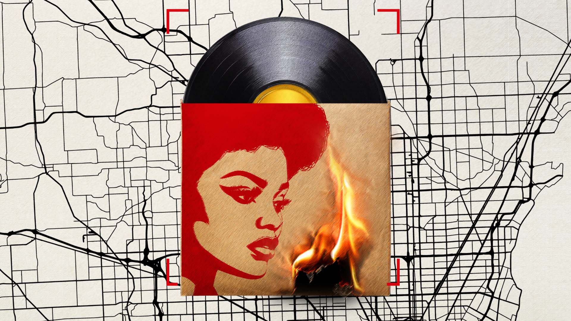 A vinyl record sleeve featuring an illustration of a woman with an afro is next to a fire against a backdrop of a city street map. The combination of elements suggests themes of music, culture, and rebellion.