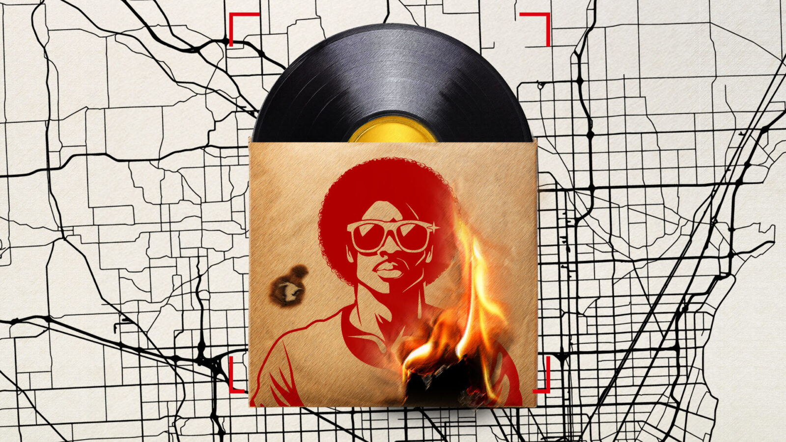 A vinyl record sleeve featuring an illustration of a person with an afro and sunglasses is set on fire against a backdrop of a city street map. The combination of elements suggests themes of music, culture, and rebellion.