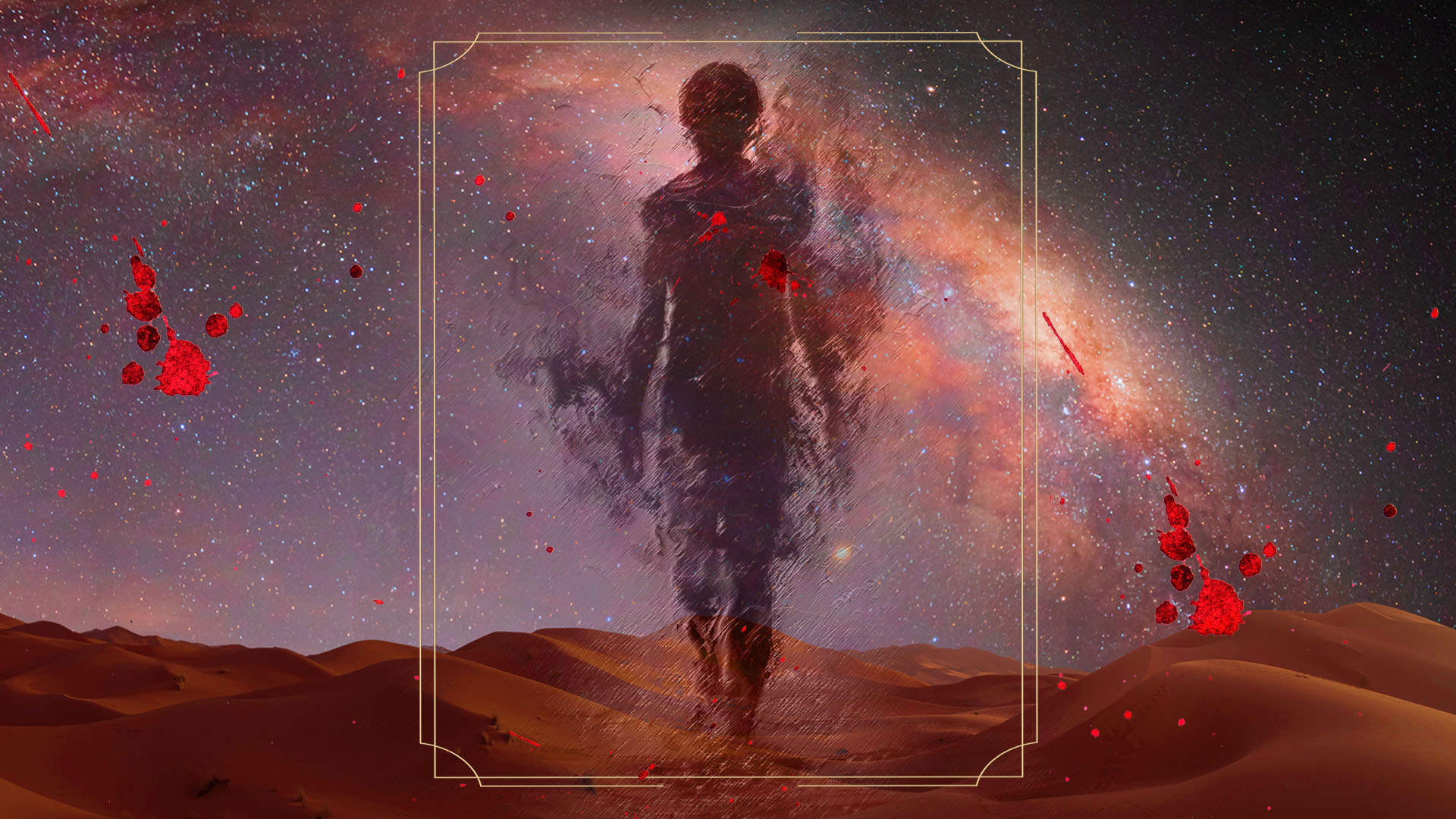 A lone silhouette stands amidst an expansive desert landscape, framed by the ethereal glow of the Milky Way galaxy. The backdrop of stars and swirling colors creates a sense of mystery and wonder. Red splatters add a dramatic contrast, suggesting themes of conflict or transformation within this cosmic environment.