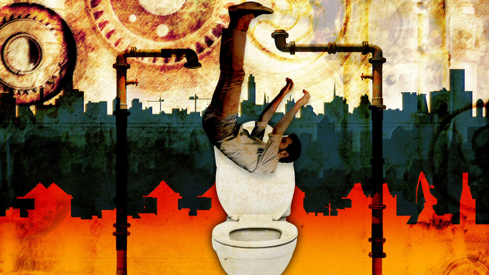 A surreal composition featuring a man upside-down diving into a toilet, set against an industrial urban backdrop. The image combines plumbing elements, cityscape silhouettes, and abstract gears, suggesting themes of urban chaos and the absurdity of modern life.