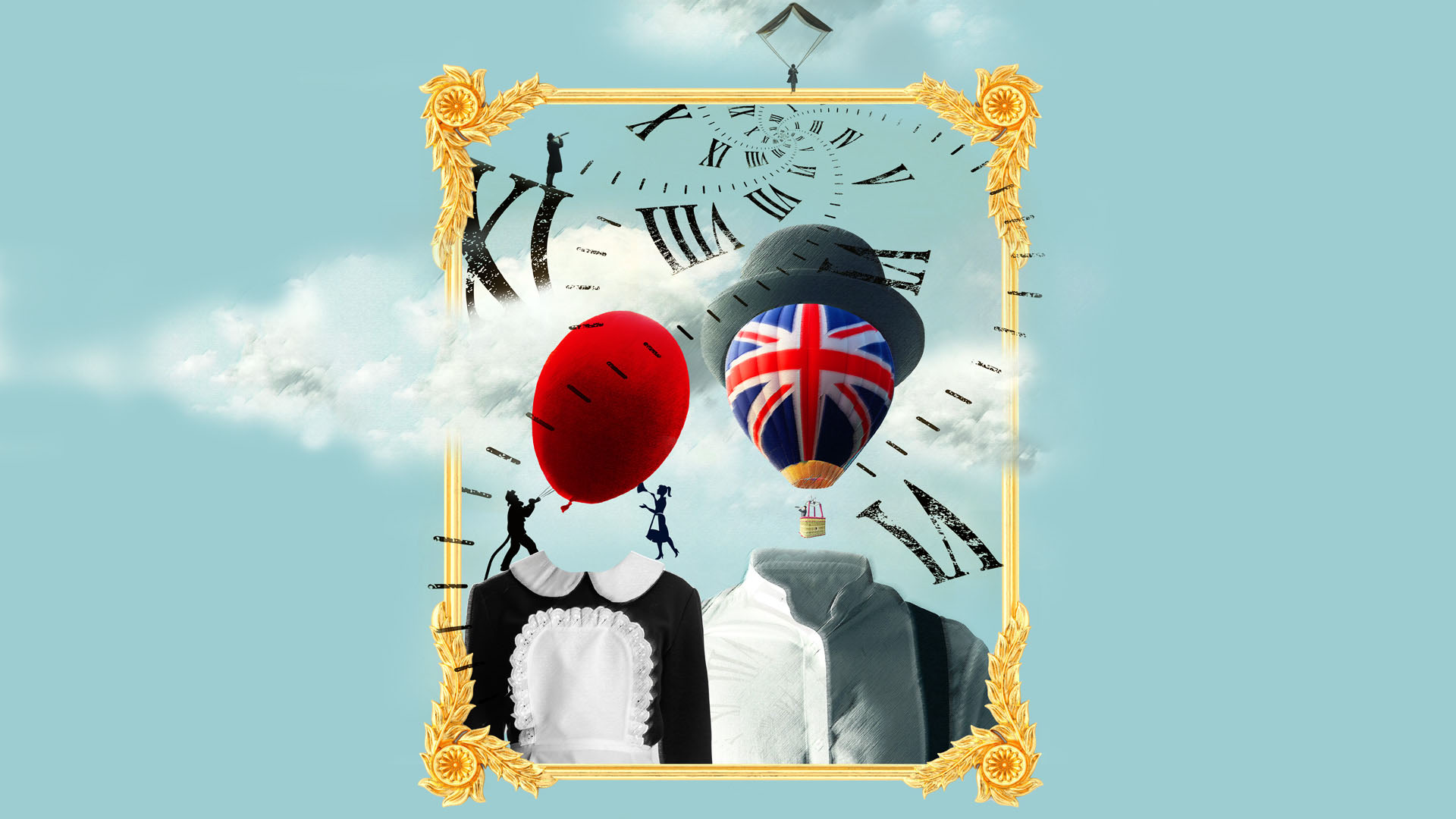 A surreal scene features two headless figures dressed in formal attire with red and Union Jack bowler hats, set against a cloudy sky. Clock hands and numbers float around them, emphasizing themes of time and identity. The ornate golden frame adds a vintage touch, enhancing the sense of dreamlike wonder.