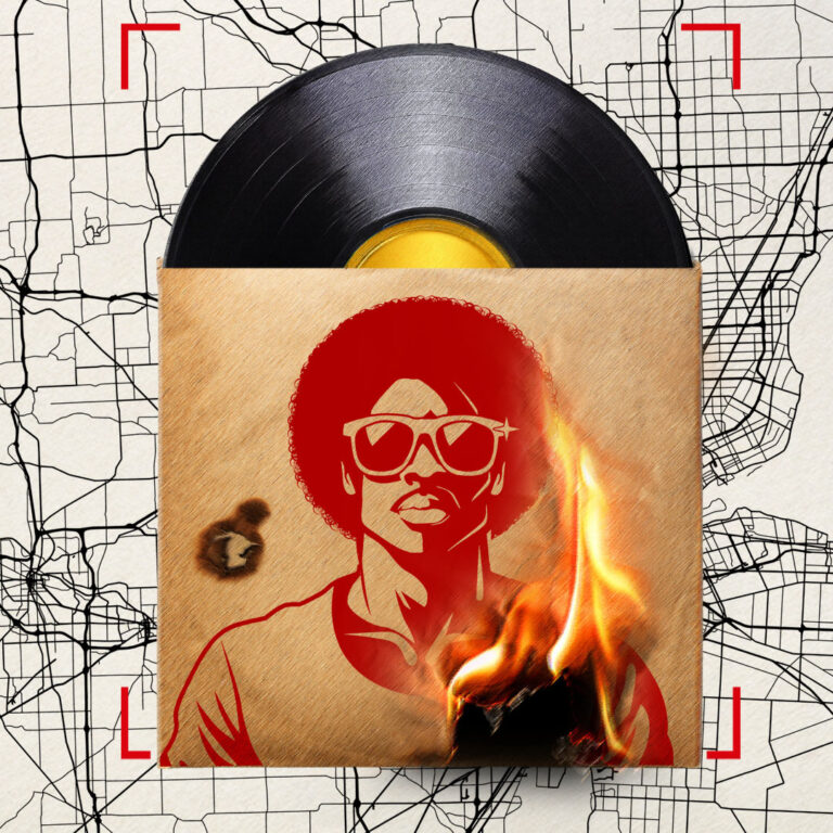A vinyl record sleeve featuring an illustration of a person with an afro and sunglasses is set on fire against a backdrop of a city street map. The combination of elements suggests themes of music, culture, and rebellion.