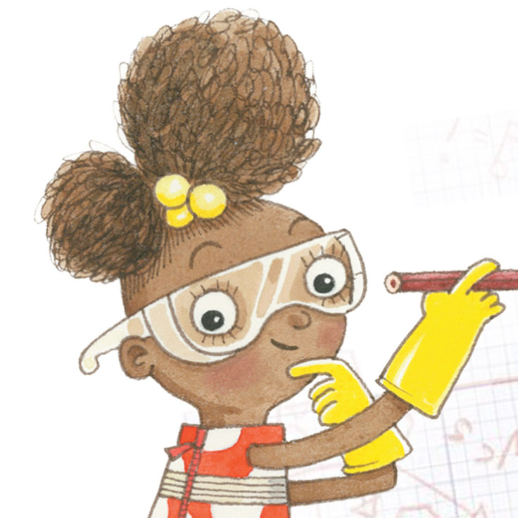 A young girl with an enthusiastic expression wears protective goggles and yellow gloves while holding a pencil, highlighting her scientific curiosity and readiness for experimentation. Her hair is styled with two yellow hair ties, and she is dressed in a red and white striped outfit