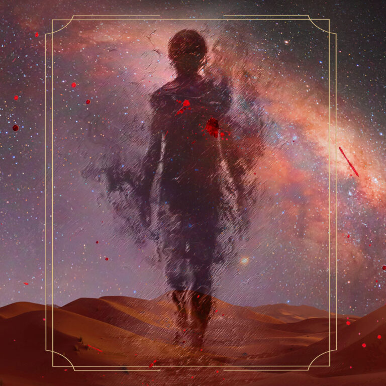 A lone silhouette stands amidst an expansive desert landscape, framed by the ethereal glow of the Milky Way galaxy. The backdrop of stars and swirling colors creates a sense of mystery and wonder. Red splatters add a dramatic contrast, suggesting themes of conflict or transformation within this cosmic environment.