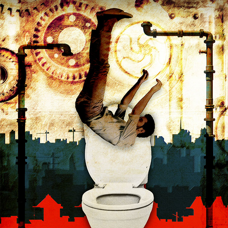 A surreal composition featuring a man upside-down diving into a toilet, set against an industrial urban backdrop. The image combines plumbing elements, cityscape silhouettes, and abstract gears, suggesting themes of urban chaos and the absurdity of modern life.