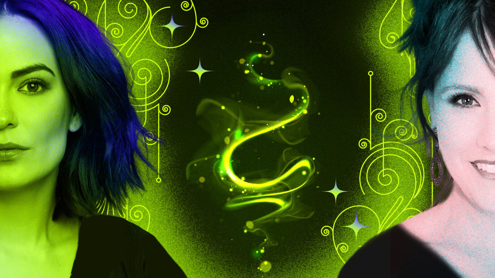 Two stylized female portraits emerge in a vibrant composition, characterized by neon green and blue lighting. Intricate swirls and sparkles add a sense of magic and mystique. The contrast between the black-and-white and colored elements creates a dynamic visual tension, evoking themes of duality and transformation.