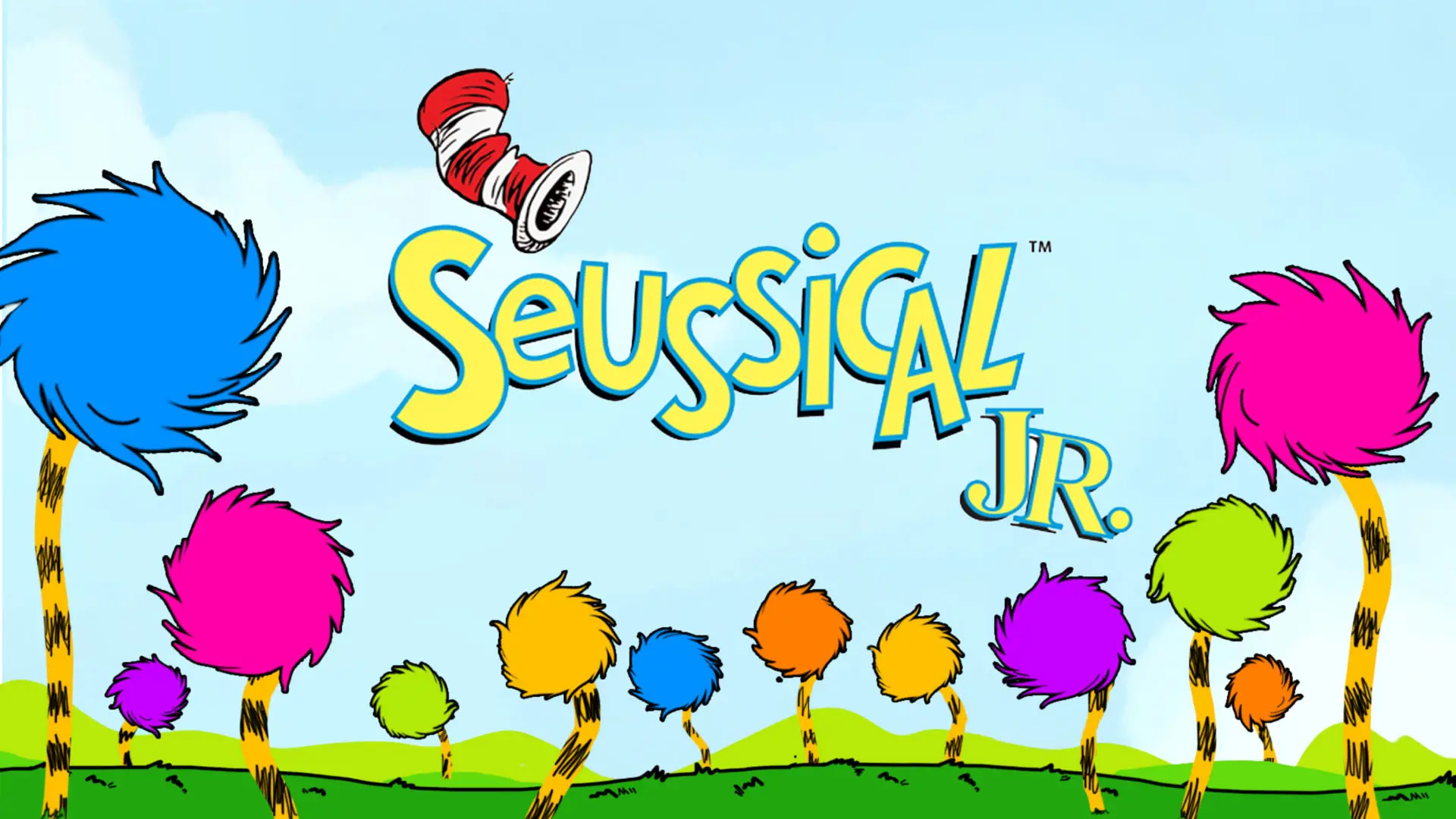 An imaginative scene with vibrant, fuzzy trees in a variety of colors set against a bright sky. The title 'Seussical Jr.' in a playful font suggests a connection to the imaginative world of Dr. Seuss. The red and white striped hat floats above, evoking the iconic character from the classic children's stories.