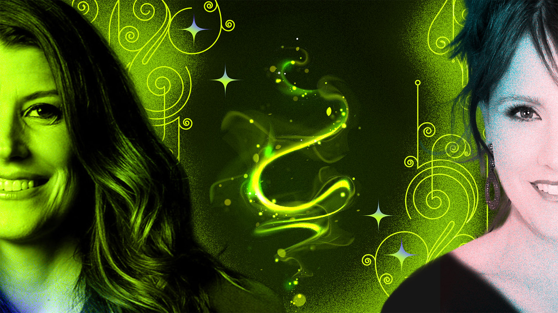 Two stylized female portraits emerge in a vibrant composition, characterized by neon green and blue lighting. Intricate swirls and sparkles add a sense of magic and mystique. The contrast between the black-and-white and colored elements creates a dynamic visual tension, evoking themes of duality and transformation.