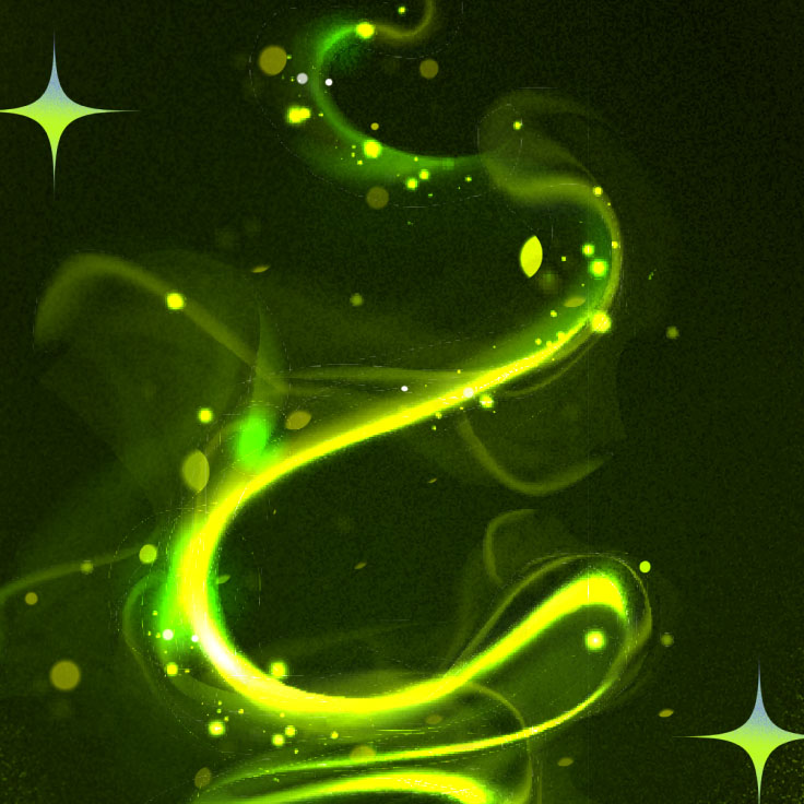 A vibrant abstract scene featuring glowing green swirling patterns set against a dark background. The luminous green swirls create a sense of motion and energy, accented by star-like sparkles and dots that add a magical and mystical ambiance. This artwork evokes feelings of wonder and fantasy.