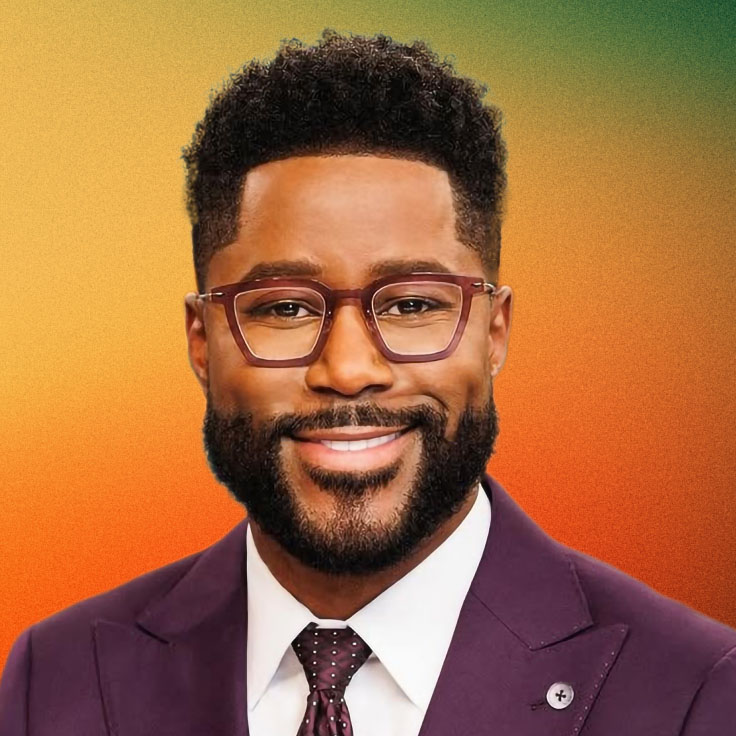 Nate Burleson smiling in a purple suit and tie with glasses, posing against a vibrant orange-to-green gradient background.