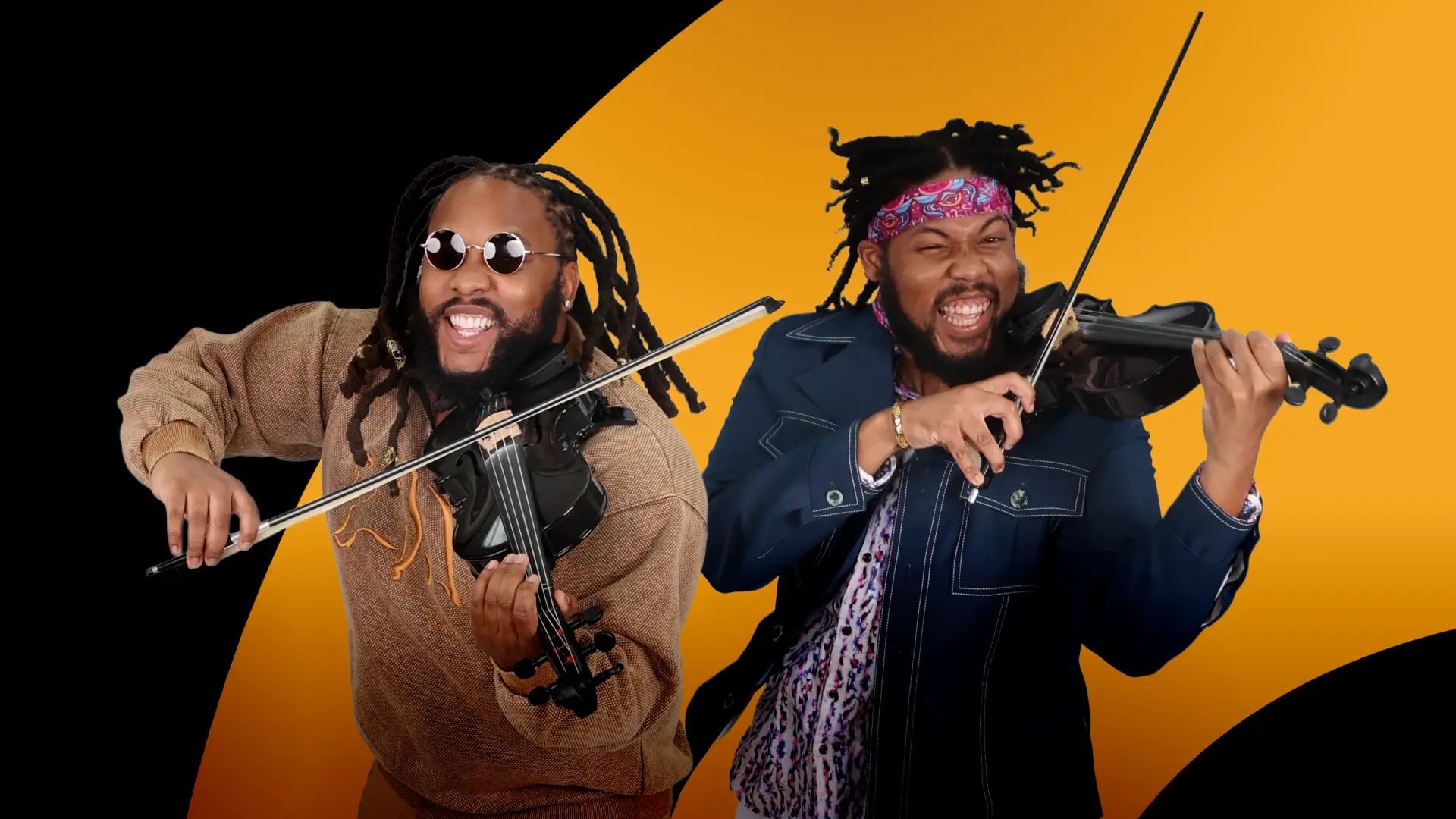 Two musicians energetically play violins, exuding passion and joy. They are captured mid-performance, showcasing their musical talent with vibrant body language. Their distinctive style is highlighted by contemporary clothing, and the bold black and orange background adds a dramatic flair