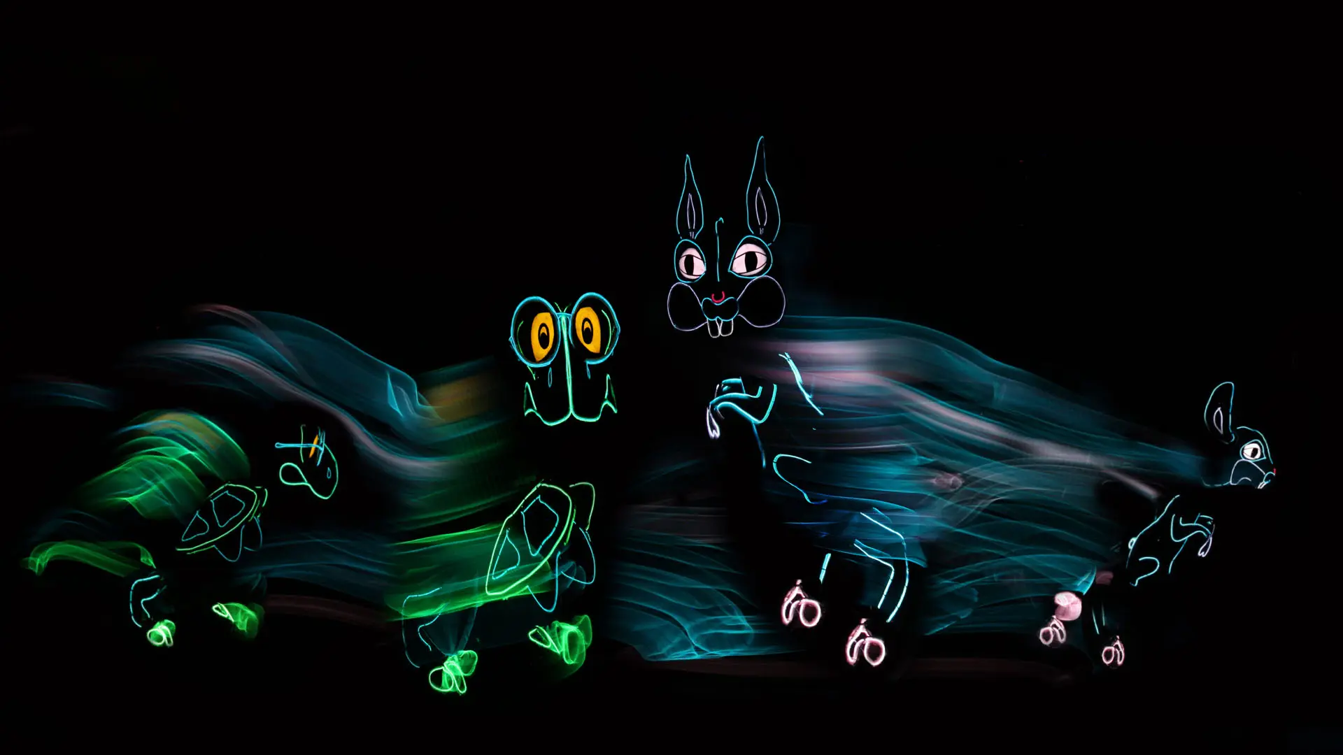 Vivid neon light trails form a stylized tortoise and hare against a pitch-black background. The dynamic motion and bright colors evoke a sense of speed and whimsy, highlighting the contrast between the energetic light illustrations and the dark canvas, capturing the essence of animated vitality.
