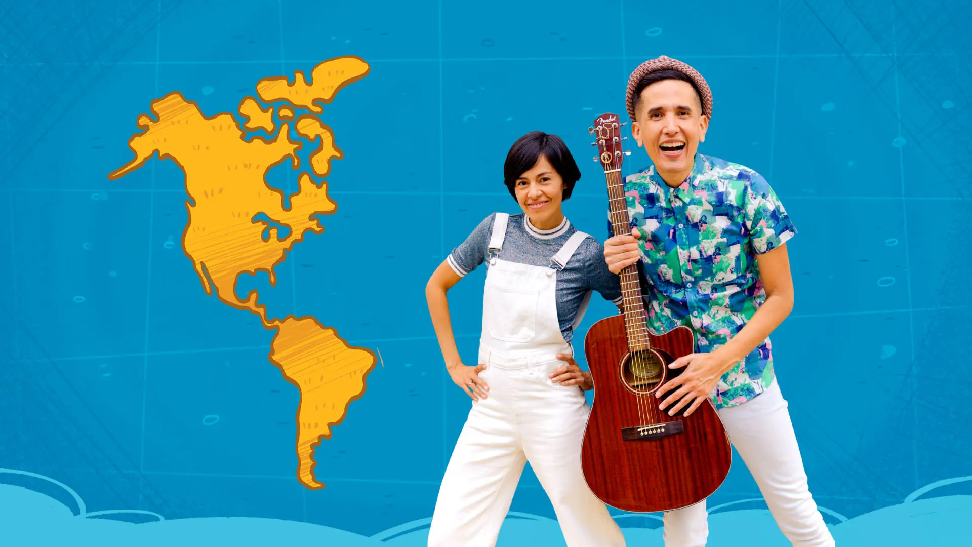 A cheerful duo poses in front of a blue background featuring a map of North and South America. The person on the left wears white overalls and a striped shirt, while the person on the right, holding a guitar, sports a colorful floral shirt and hat. The orange map highlights the Americas, symbolizing travel or cultural themes.