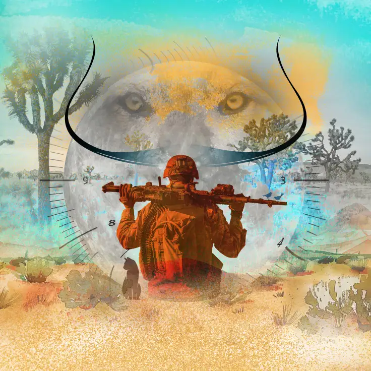 A soldier stands in a rugged desert landscape, holding a rifle with determination. Behind, the ghostly image of a lion with prominent eyes overlays the scene.