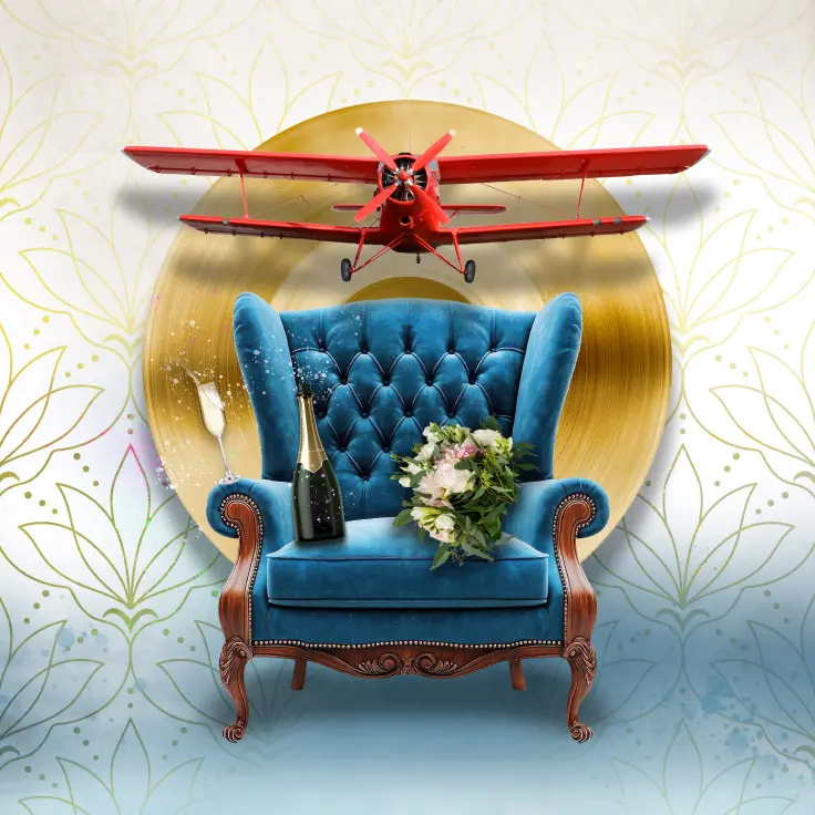 A vibrant composition featuring a vintage red biplane flying above an elegant blue tufted chair, adorned with a bottle of champagne and a bouquet of flowers. The background displays abstract floral patterns with a golden circular motif,