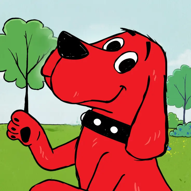 An illustrated poster featuring Clifford, the Big Red Dog, smiling against a grassy, tree-dotted landscape, promoting a musical adaptation.