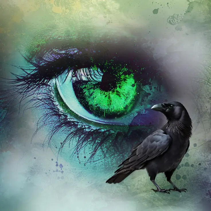 A surreal artwork features a striking green eye surrounded by abstract textures and colors. A raven stands prominently in the foreground, adding an air of mystery and intrigue.